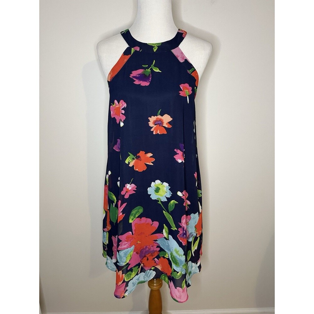 Betsy Johnson Halter Dress Sz 6 Blue Floral Lined Knee Length #1379